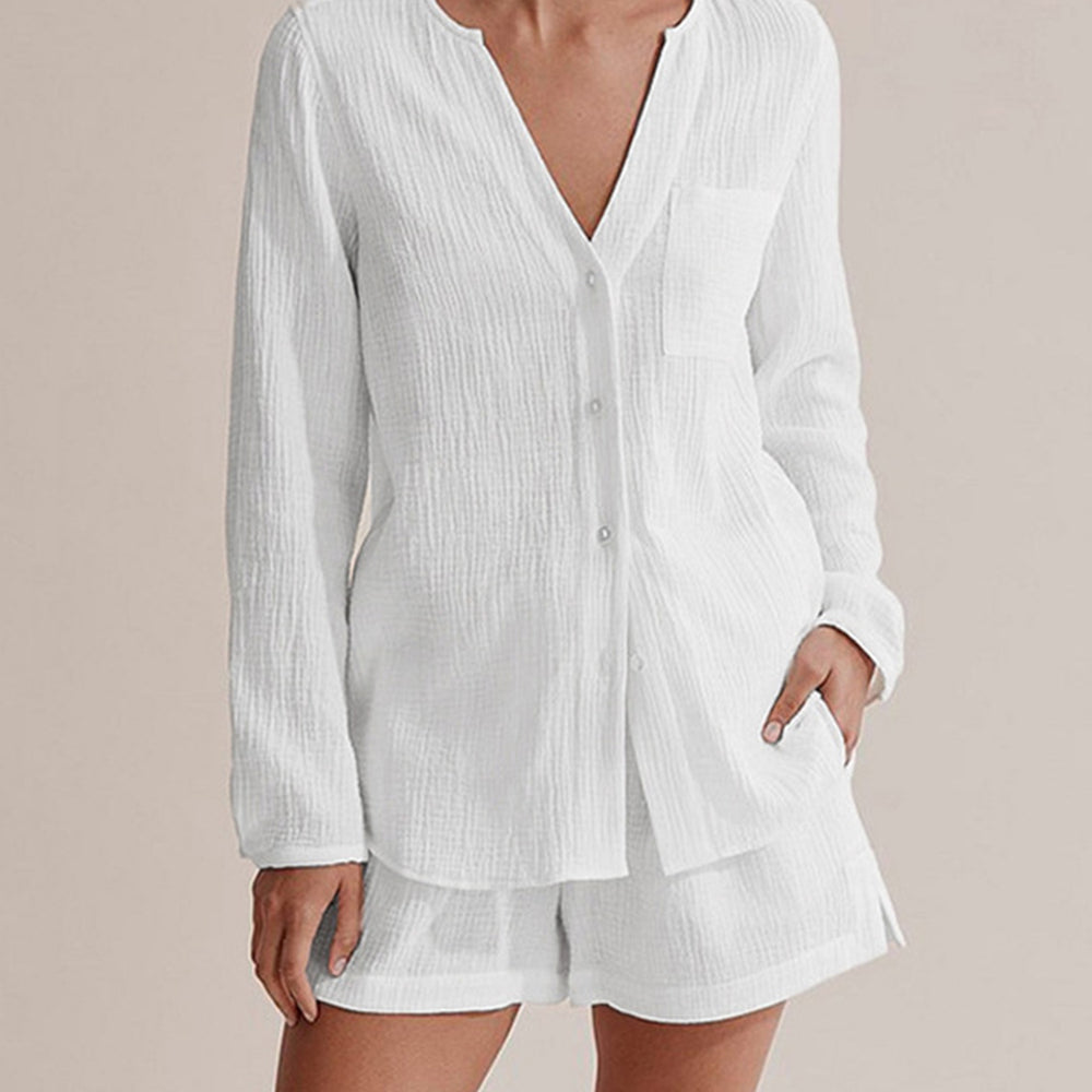
                      
                        Notched Long Sleeve Top and Shorts Set
                      
                    