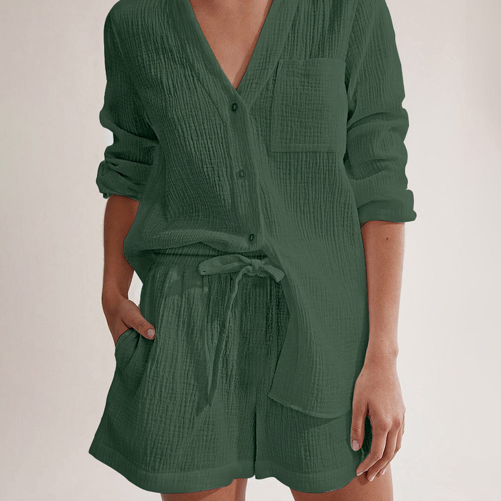 
                      
                        Notched Long Sleeve Top and Shorts Set
                      
                    