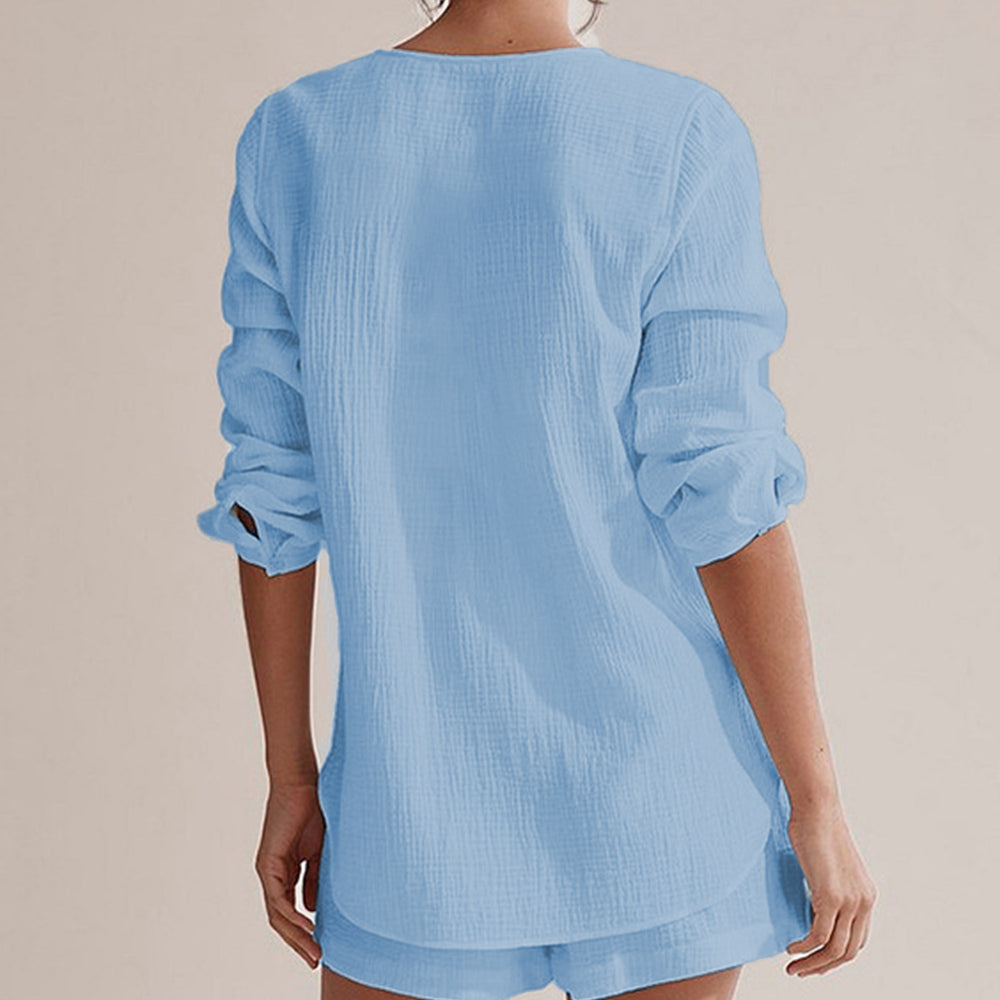 
                      
                        Notched Long Sleeve Top and Shorts Set
                      
                    