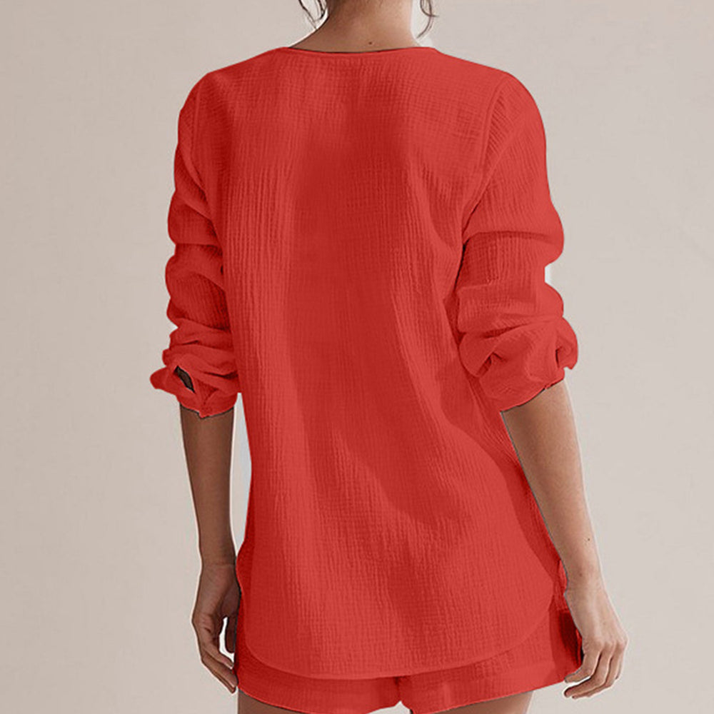 
                      
                        Notched Long Sleeve Top and Shorts Set
                      
                    
