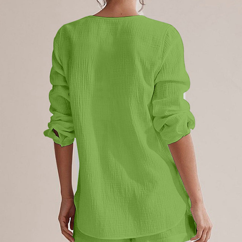 
                      
                        Notched Long Sleeve Top and Shorts Set
                      
                    