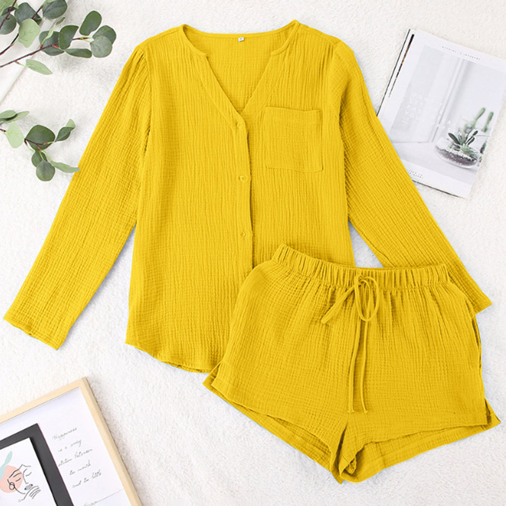 
                      
                        Notched Long Sleeve Top and Shorts Set
                      
                    