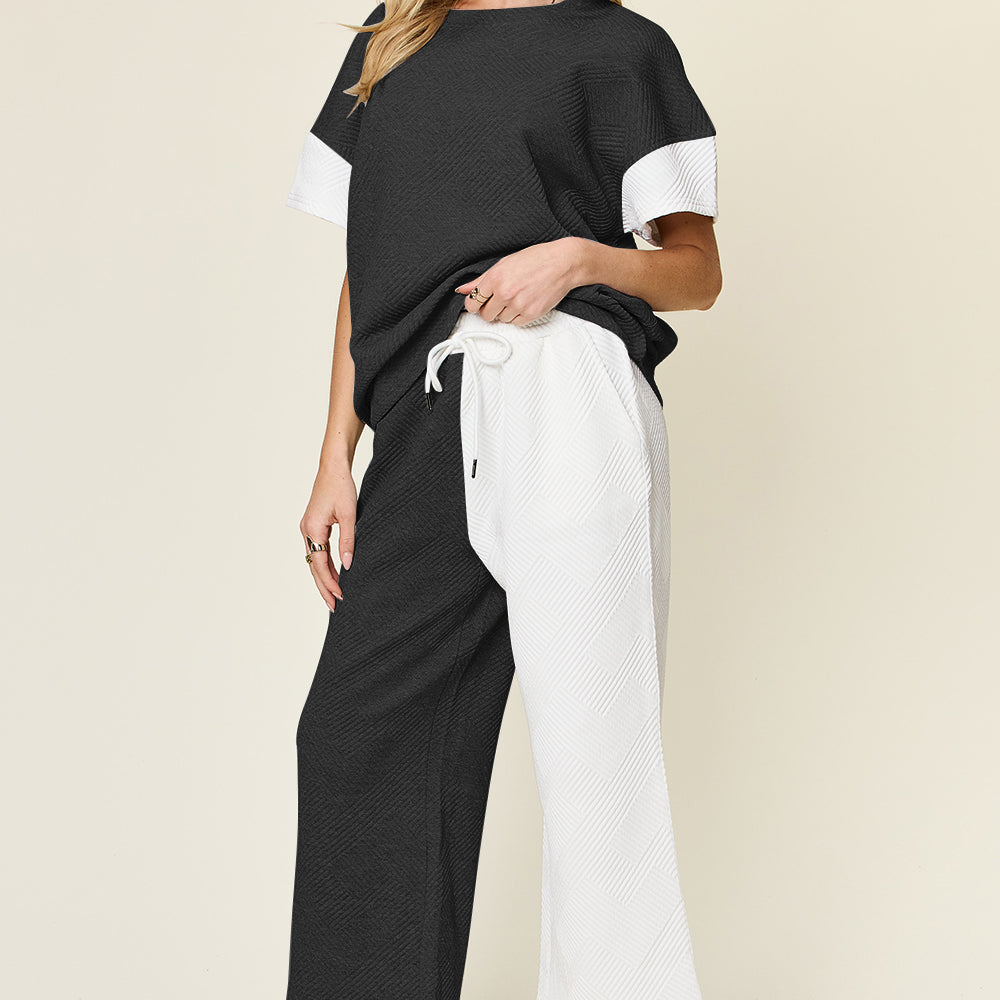 Texture Contrast T-Shirt and Wide Leg Pants Set