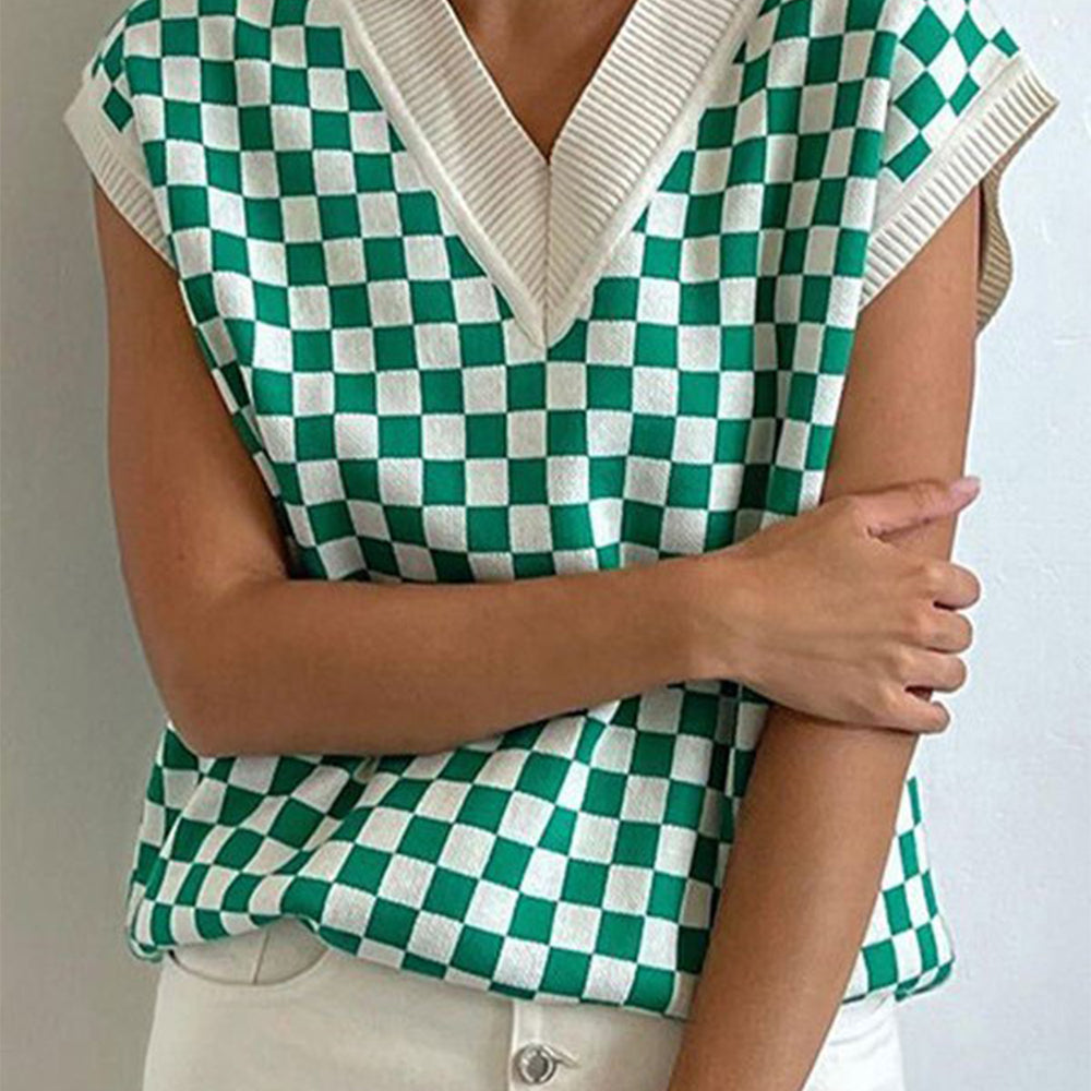 
                      
                        Checkered V-Neck Cap Sleeve Sweater
                      
                    