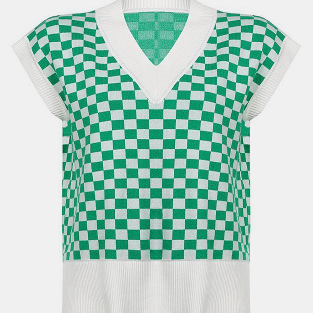 
                      
                        Checkered V-Neck Cap Sleeve Sweater
                      
                    