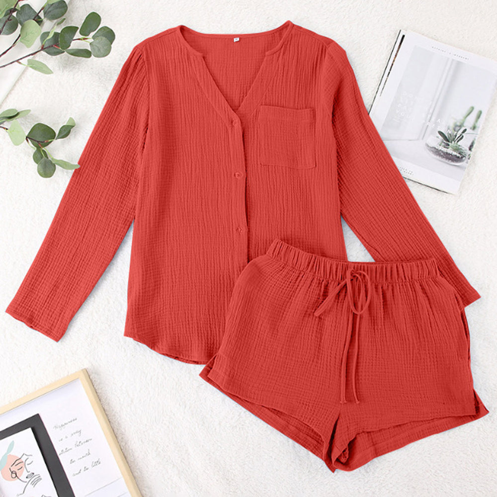 
                      
                        Notched Long Sleeve Top and Shorts Set
                      
                    
