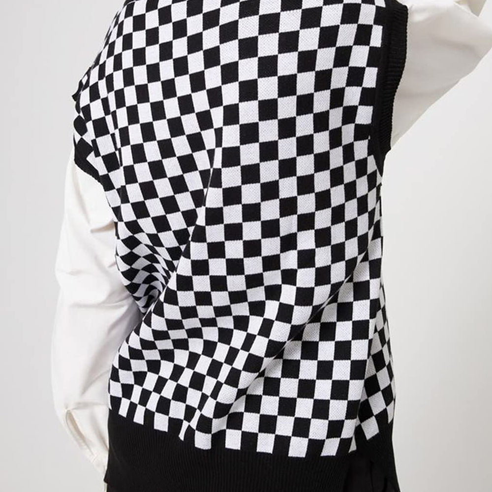 
                      
                        Checkered V-Neck Cap Sleeve Sweater
                      
                    