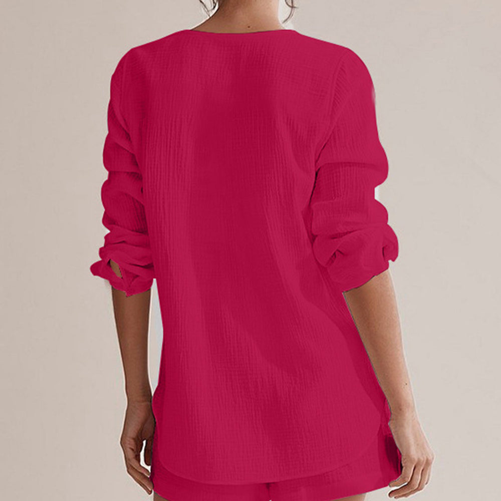 
                      
                        Notched Long Sleeve Top and Shorts Set
                      
                    
