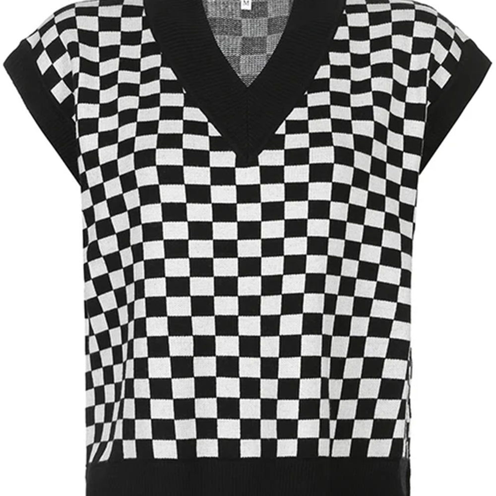 
                      
                        Checkered V-Neck Cap Sleeve Sweater
                      
                    