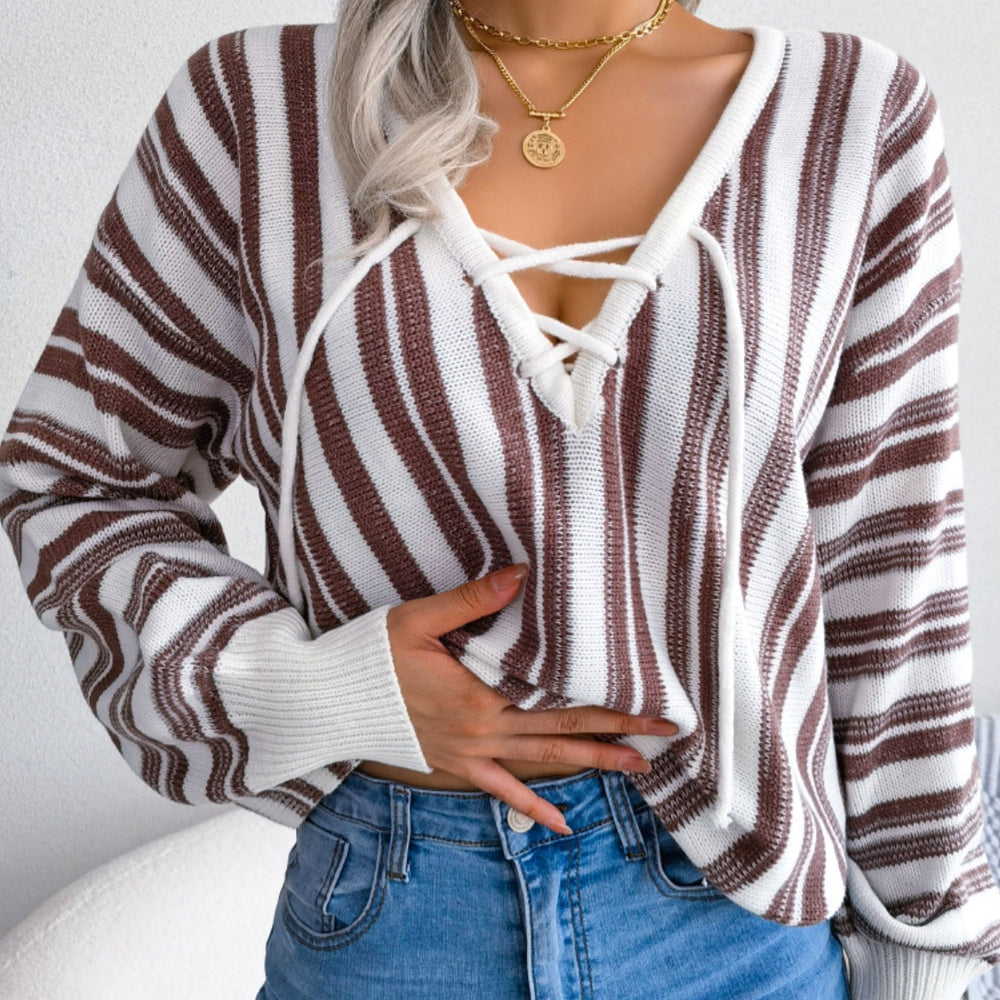 Striped Lace-Up Long Sleeve Sweater