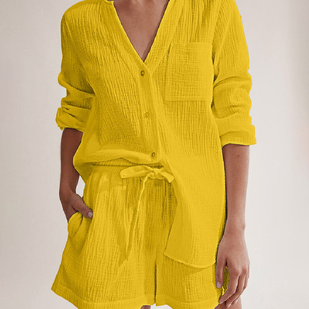 
                      
                        Notched Long Sleeve Top and Shorts Set
                      
                    