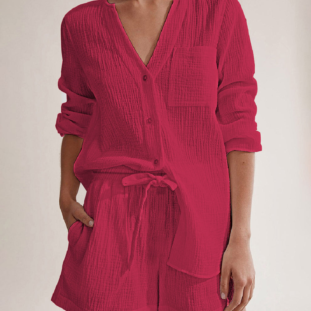 
                      
                        Notched Long Sleeve Top and Shorts Set
                      
                    