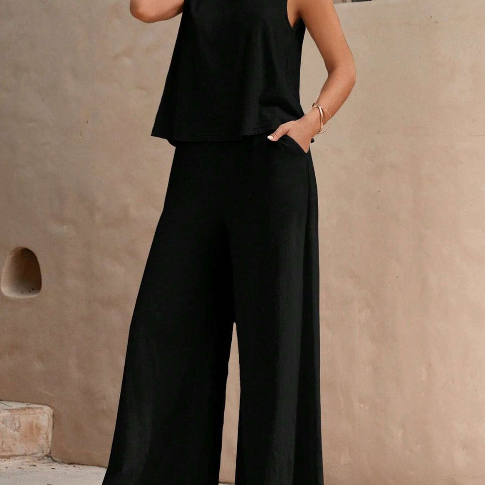 
                      
                        Round Neck Sleeveless Top and Wide Leg Pants Set
                      
                    
