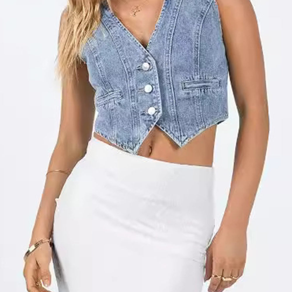 
                      
                        Button Up Sleeveless Denim Top
                      
                    