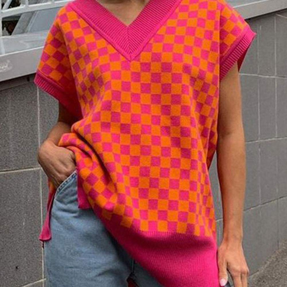 
                      
                        Checkered V-Neck Cap Sleeve Sweater
                      
                    