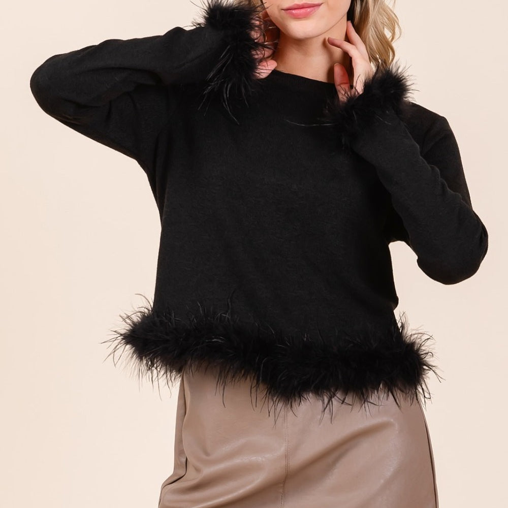 Mittoshop Feather Trim Long Sleeve Crop Hacci Knit Top