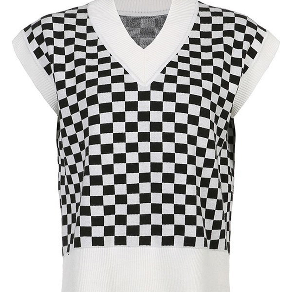 
                      
                        Checkered V-Neck Cap Sleeve Sweater
                      
                    