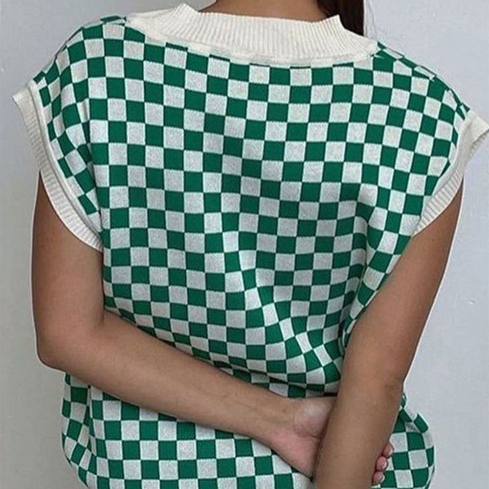 
                      
                        Checkered V-Neck Cap Sleeve Sweater
                      
                    