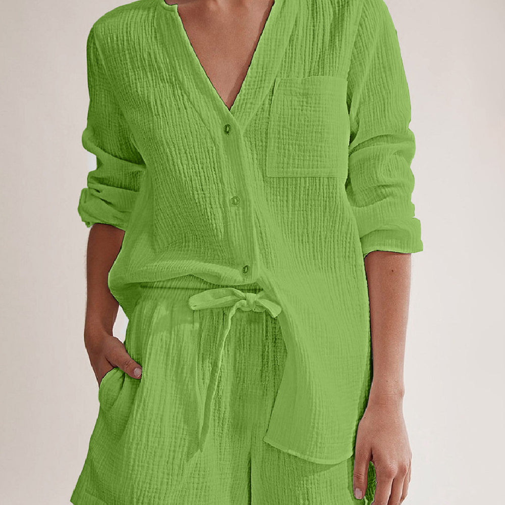 
                      
                        Notched Long Sleeve Top and Shorts Set
                      
                    
