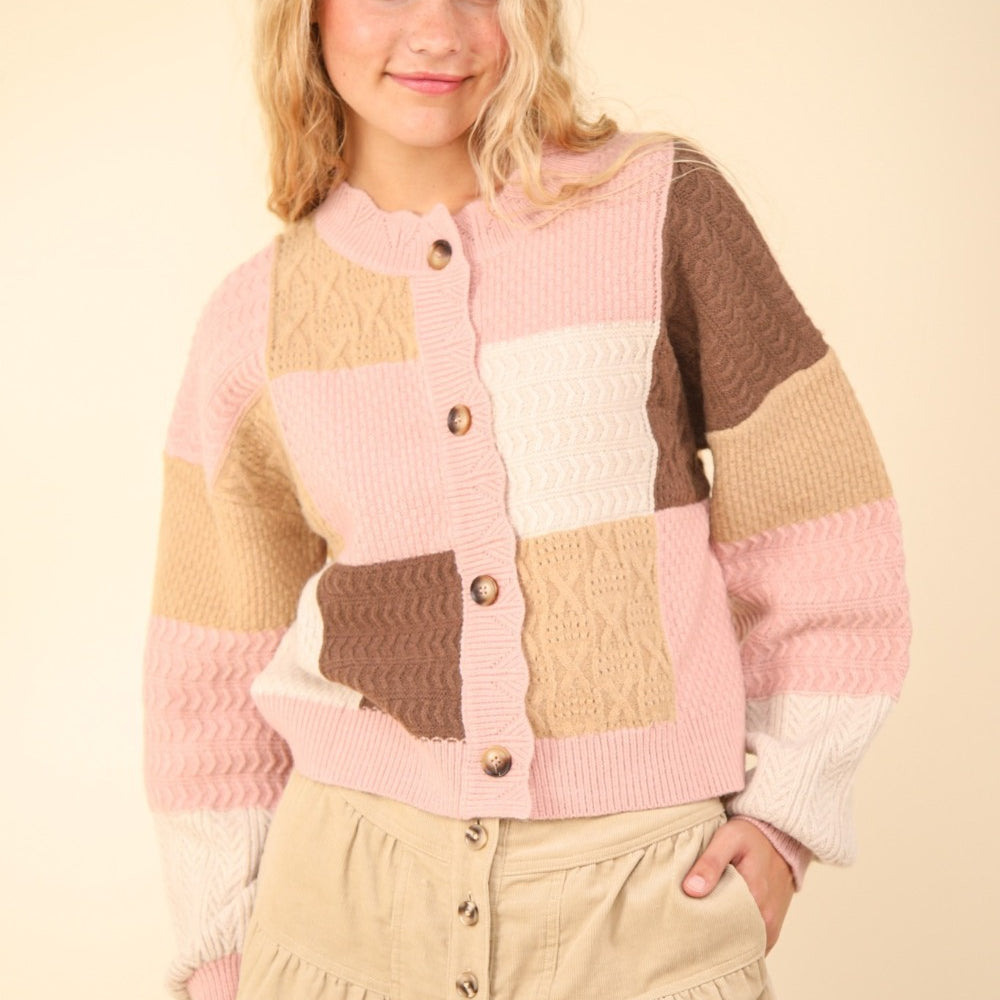 VERY J Color Block Button Down Textured Sweater Cardigan
