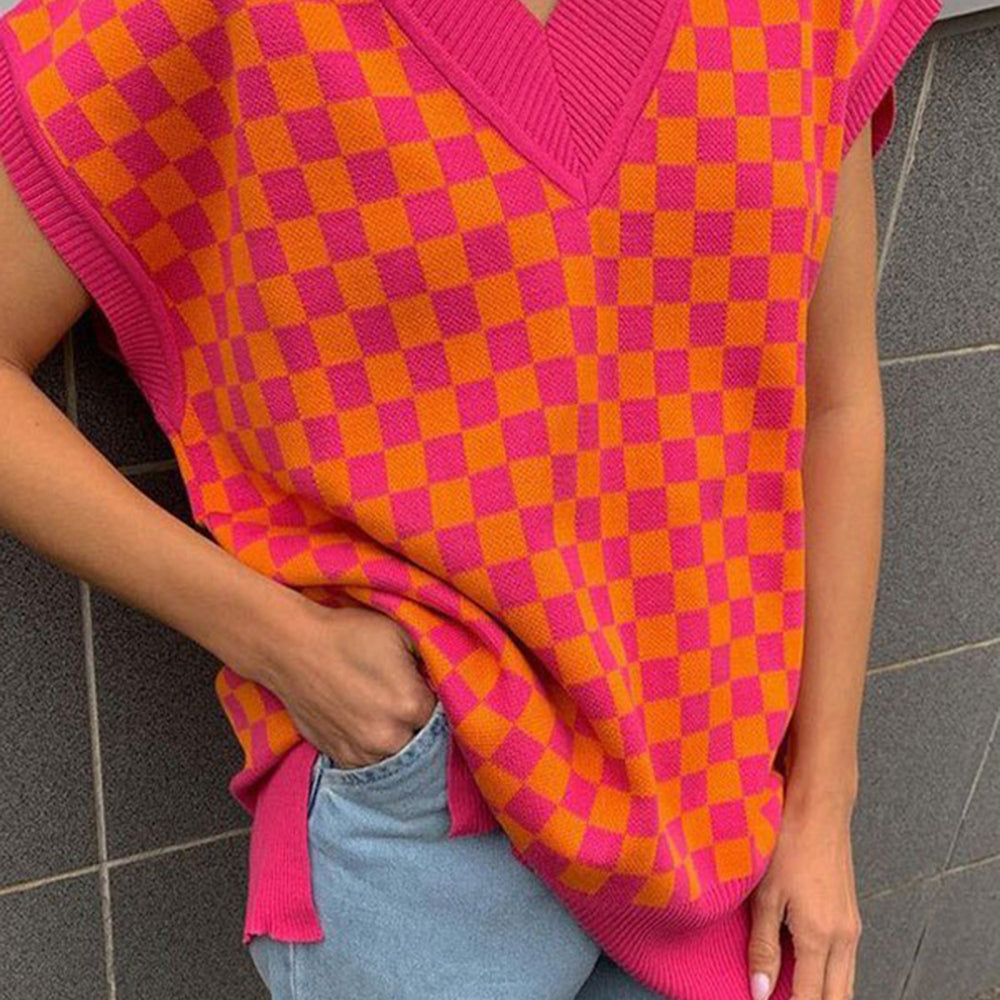 
                      
                        Checkered V-Neck Cap Sleeve Sweater
                      
                    