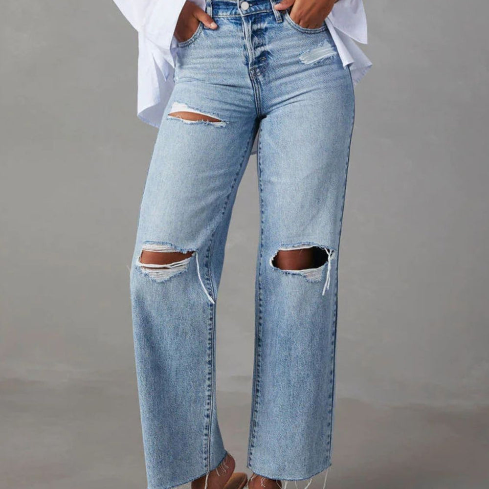 Distressed Straight Leg Jeans with Pockets
