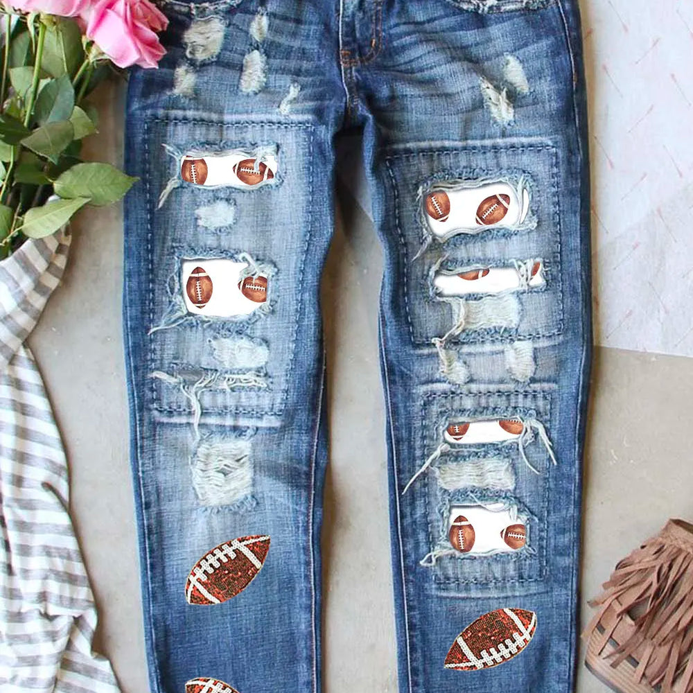 Distressed Football Straight Jeans