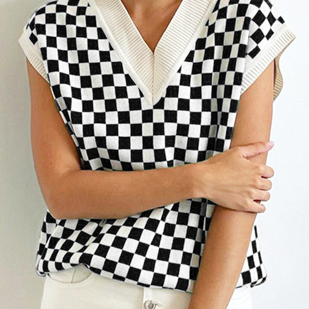 Checkered V-Neck Cap Sleeve Sweater