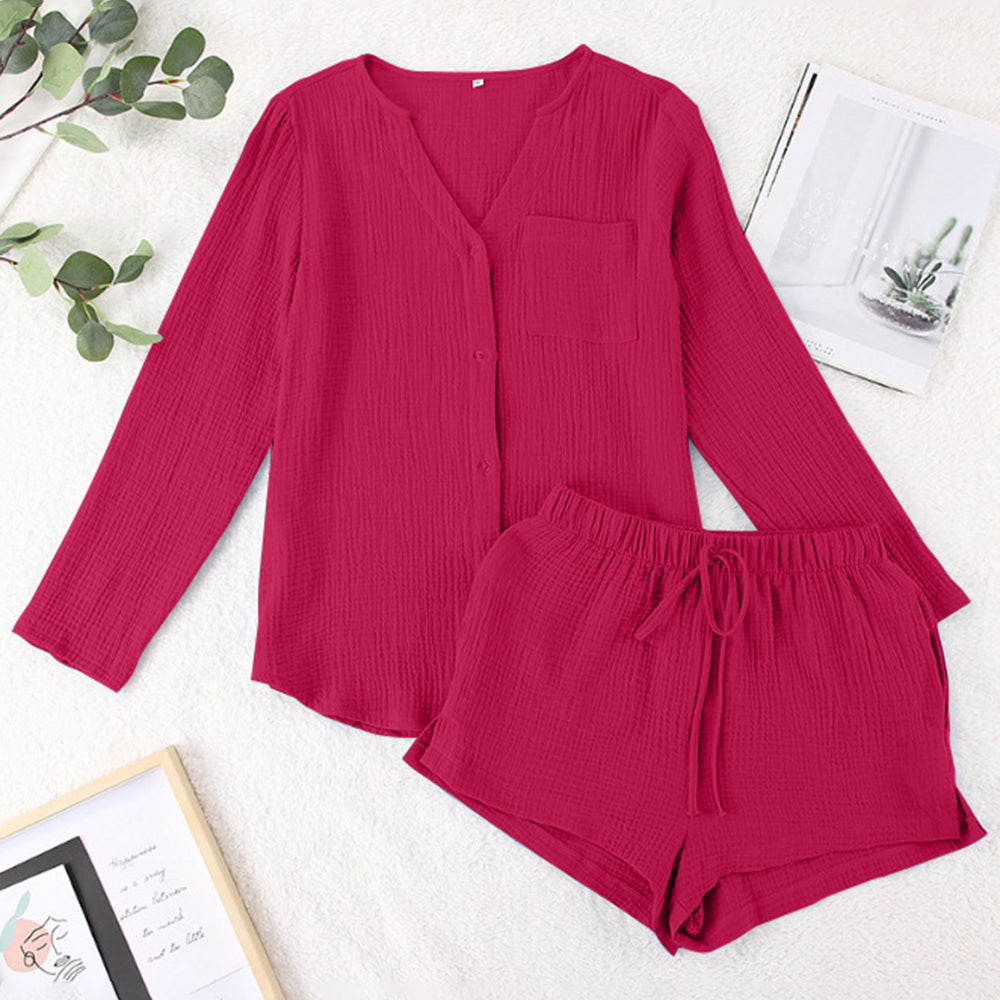 
                      
                        Notched Long Sleeve Top and Shorts Set
                      
                    