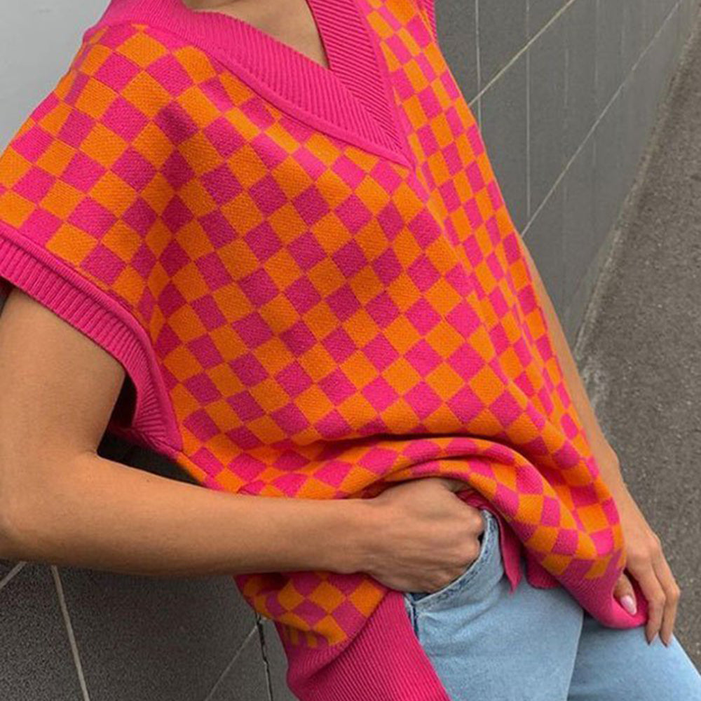 
                      
                        Checkered V-Neck Cap Sleeve Sweater
                      
                    