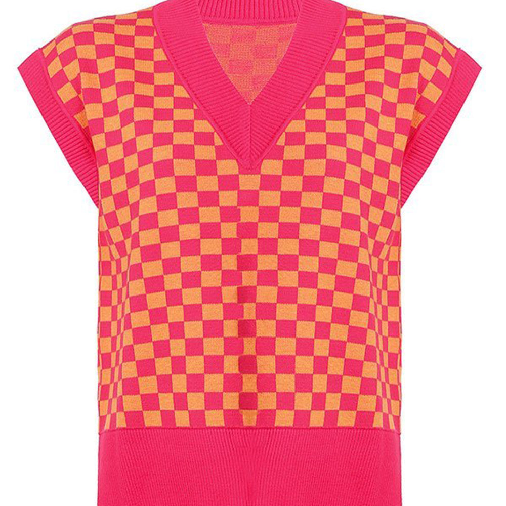 
                      
                        Checkered V-Neck Cap Sleeve Sweater
                      
                    