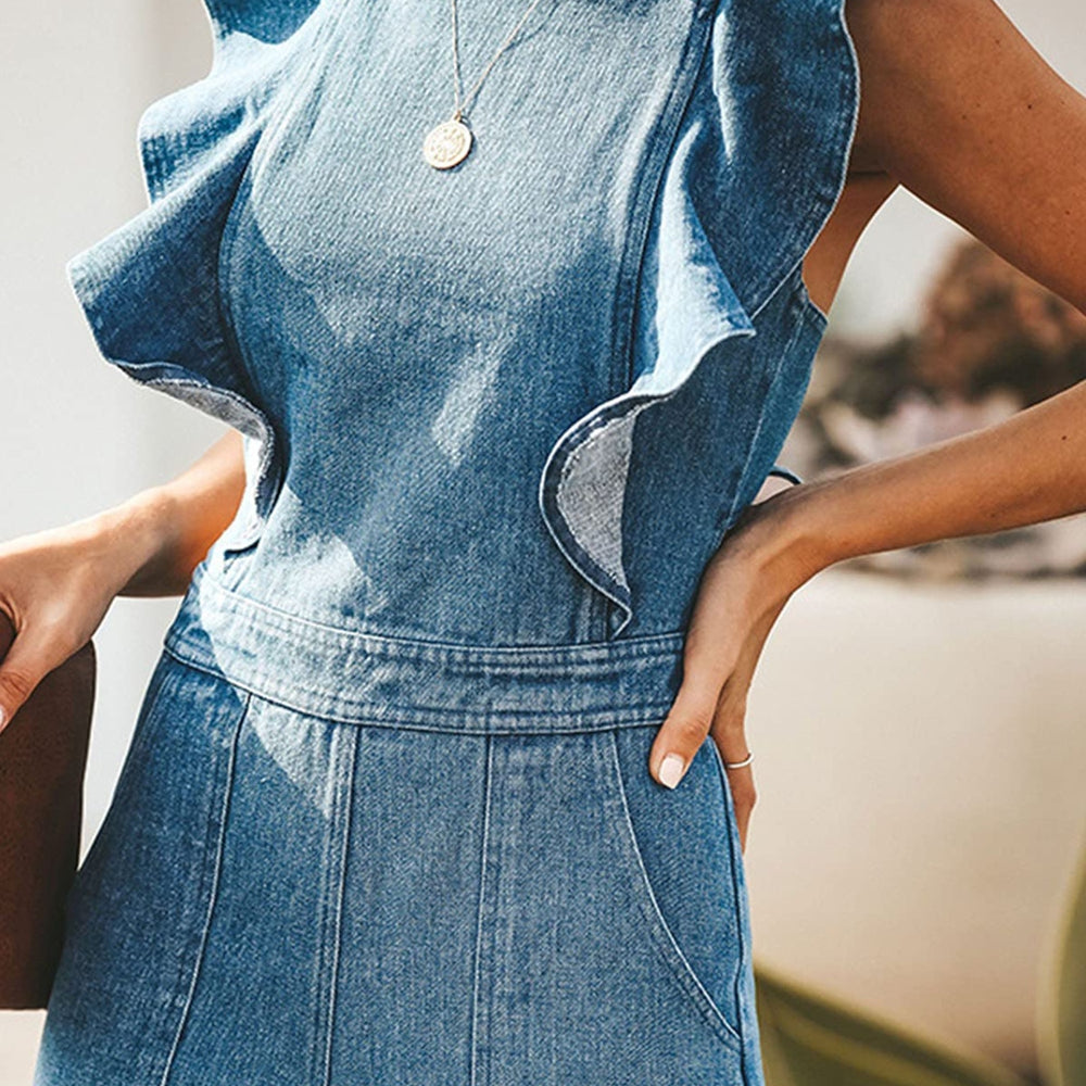 
                      
                        Ruffled Backless Sleeveless Denim Jumpsuit
                      
                    