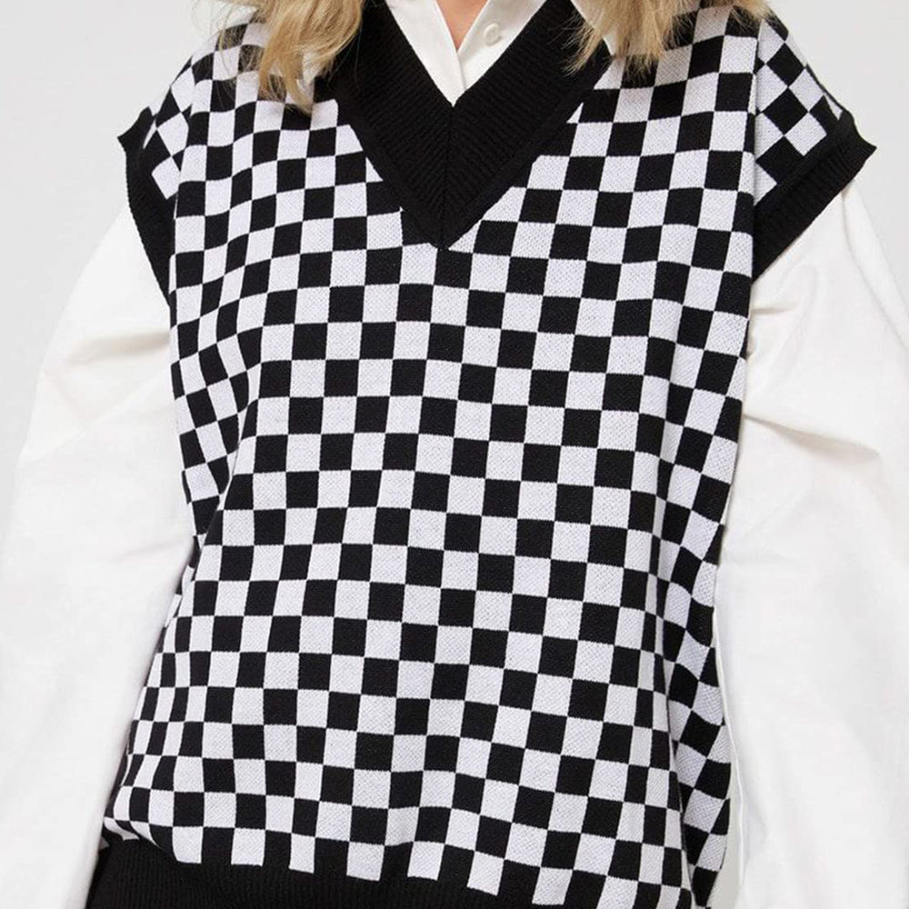 
                      
                        Checkered V-Neck Cap Sleeve Sweater
                      
                    