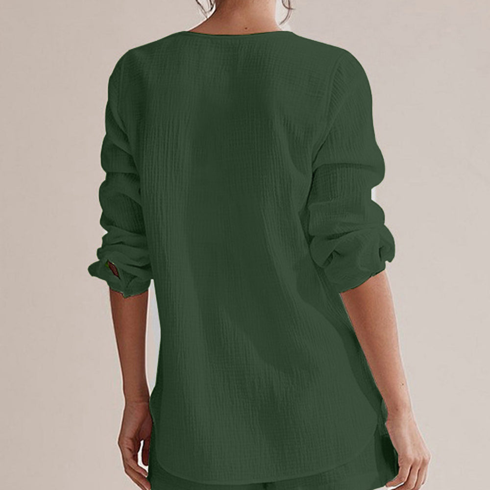 
                      
                        Notched Long Sleeve Top and Shorts Set
                      
                    