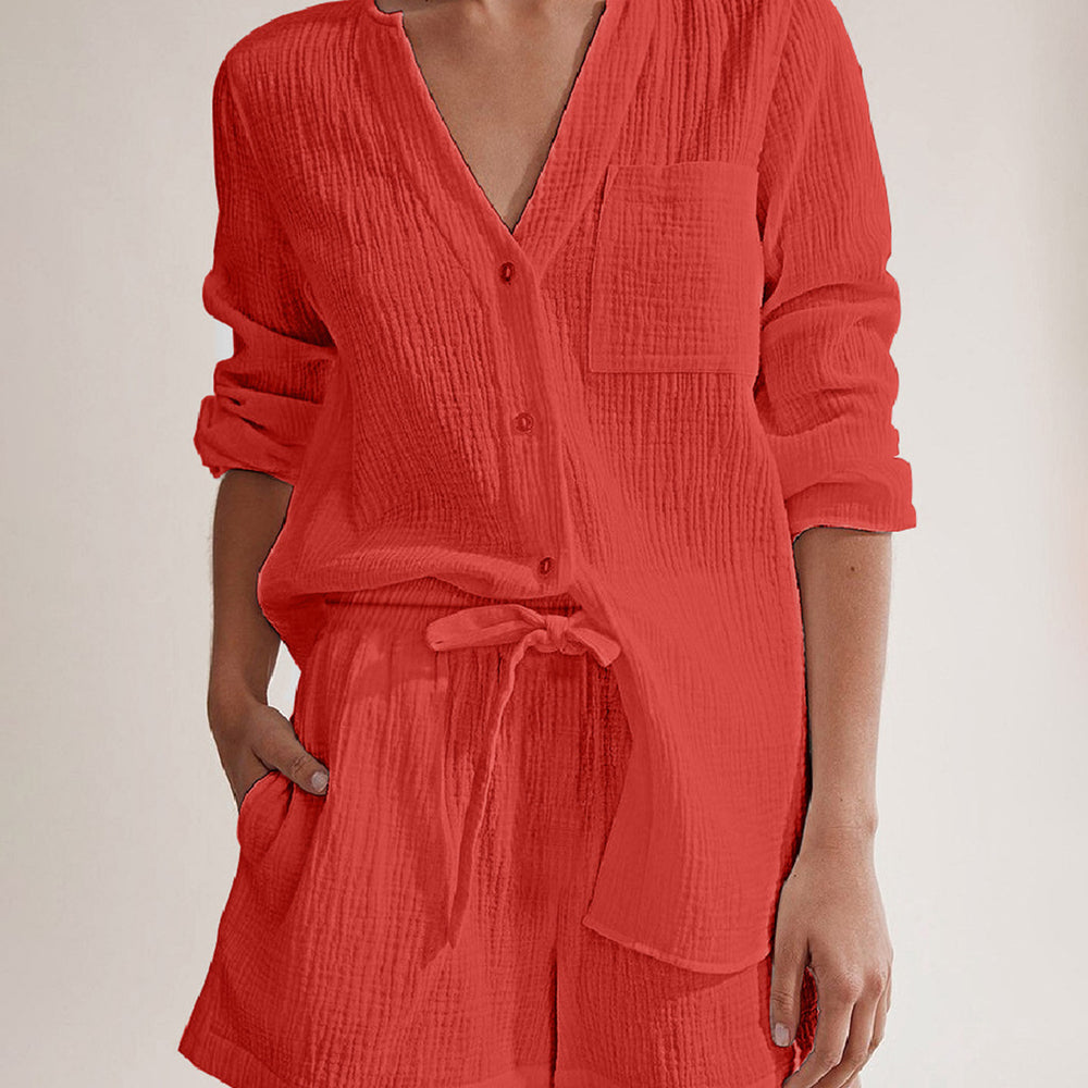 
                      
                        Notched Long Sleeve Top and Shorts Set
                      
                    