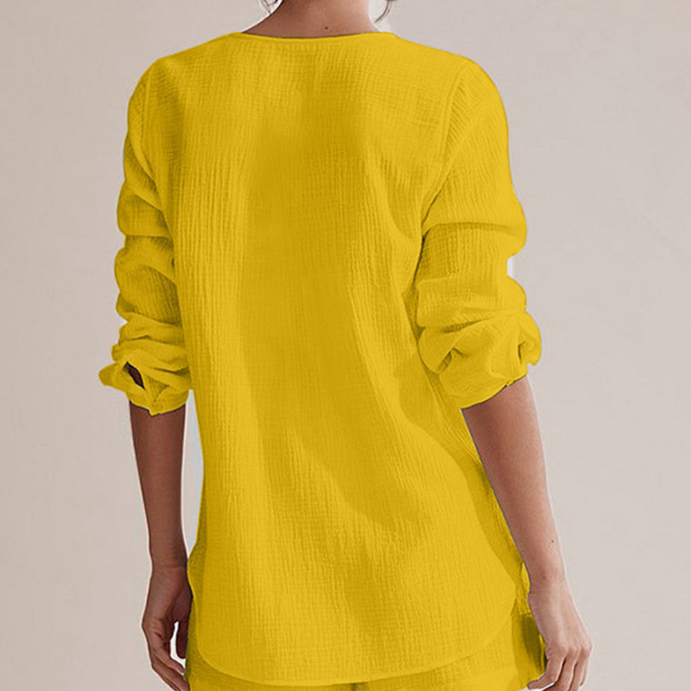 
                      
                        Notched Long Sleeve Top and Shorts Set
                      
                    