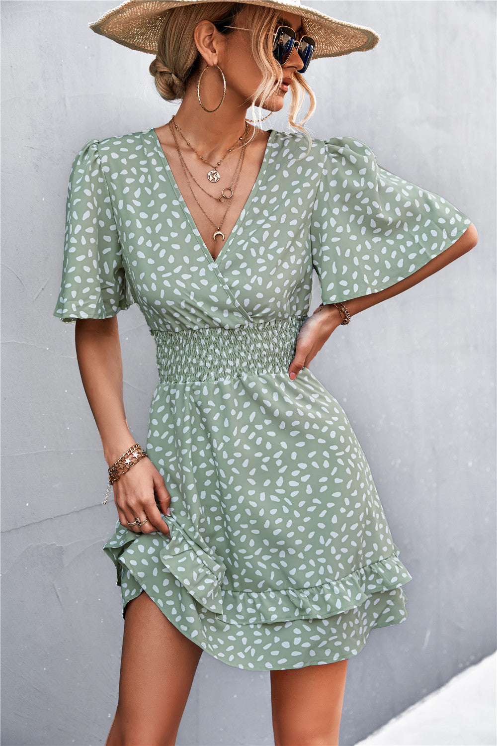 Printed Smocked Waist Layered Dress