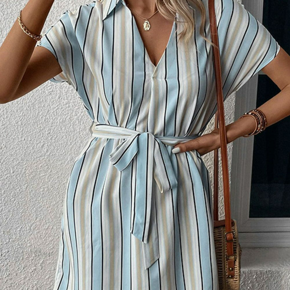 
                      
                        Striped Johnny Collar Tie-Waist Dress
                      
                    